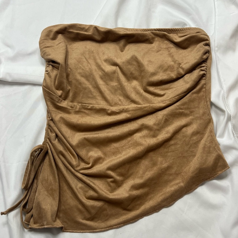 See You Monday Tan Strapless Ruched strapless top